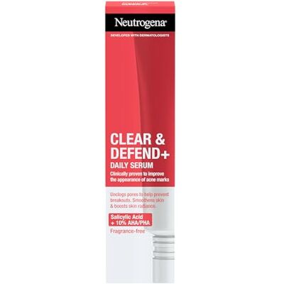 Neutrogena Clear & Defend+ Dagelijks serum (1 x 30 ml), verfijning en gezichtsreinigingsserum met salicylzuur, AHA/PHA, olievrij serum voor dagelijks gebruik voor de huid die gevoelig is voor Neutrogena Clear & Defend+ Dagelijks serum (1 x 30 ml), verfijning en gezichtsreinigingsserum met salicylzuur, AHA/PHA, olievrij serum voor dagelijks gebruik voor de huid die gevoelig is voor