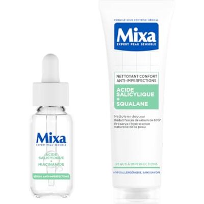 Mixa Anti-onzuiverheden verzorgings- en reinigingsduo voor het gezicht: salicyzuur en niancinamide serum 30 ml voor onzuivere huid + reiniger voor onzuiverheden gevoelige huid, 150 ml Mixa Anti-onzuiverheden verzorgings- en reinigingsduo voor het gezicht: salicyzuur en niancinamide serum 30 ml voor onzuivere huid + reiniger voor onzuiverheden gevoelige huid, 150 ml