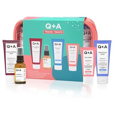 Q+A Travel Treats 4-delige cadeauset voor huid- en lichaamsverzorging met reistas, hydraterende gezichtsreiniger (75 ml), vitamine C-serum (30 ml), zuurdouchegel Q+A Travel Treats 4-delige cadeauset voor huid- en lichaamsverzorging met reistas, hydraterende gezichtsreiniger (75 ml), vitamine C-serum (30 ml), zuurdouchegel