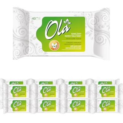 Ola Toiletpapier, bevochtigd met kamille-extract en melkzuur, combinatie van vochtig papier en vochtige doekjes, gevoelige huid, 16 x 40 stuks Ola Toiletpapier, bevochtigd met kamille-extract en melkzuur, combinatie van vochtig papier en vochtige doekjes, gevoelige huid, 16 x 40 stuks