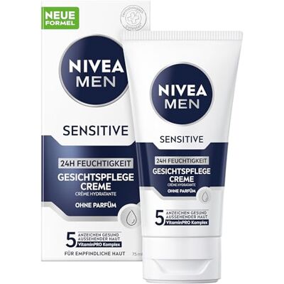 NIVEA MEN Gevoelige gezichtscrème 24 uur hydraterend voor de gevoelige huid, rustgevende gezichtscrème ter verlichting van huidirritatie (75 ml) NIVEA MEN Gevoelige gezichtscrème 24 uur hydraterend voor de gevoelige huid, rustgevende gezichtscrème ter verlichting van huidirritatie (75 ml)