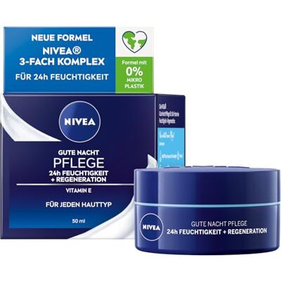 NIVEA Goede nachtverzorging 24 uur hydraterend + regeneratie (50 ml), lichte nachtverzorging voor intensieve hydratatie, nachtcrème met vitamine E, provitamine B5 en waterlelie-extract NIVEA Goede nachtverzorging 24 uur hydraterend + regeneratie (50 ml), lichte nachtverzorging voor intensieve hydratatie, nachtcrème met vitamine E, provitamine B5 en waterlelie-extract