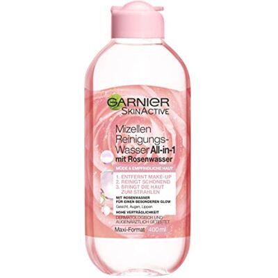 Garnier All-in-1 rozenwater reinigingswater voor bijzondere glans, make-up remover en gezichtsreiniging voor de gevoelige huid, Skin Active, 1 x 400 ml Garnier All-in-1 rozenwater reinigingswater voor bijzondere glans, make-up remover en gezichtsreiniging voor de gevoelige huid, Skin Active, 1 x 400 ml