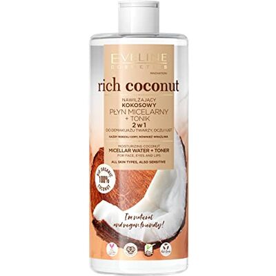 EVELINE COSMETICS Micellair water van Coco Rica + 2-in-1 vochtinbrengende tonic, voor alle huidtypes, make-upremover, biologische basis, veganistische formule, 96% natuurlijk, dag en nacht, 500 ml EVELINE COSMETICS Micellair water van Coco Rica + 2-in-1 vochtinbrengende tonic, voor alle huidtypes, make-upremover, biologische basis, veganistische formule, 96% natuurlijk, dag en nacht, 500 ml