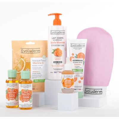 Evoluderm Routine glans 6 gezicht en lichaam 1 melk + 2 oliën + 1 vitamine C serum + 1 wortelscrub + 1 stofmasker vitamine C + gratis peelinghandschoen cadeau-idee gemaakt in Frankrijk Evoluderm Routine glans 6 gezicht en lichaam 1 melk + 2 oliën + 1 vitamine C serum + 1 wortelscrub + 1 stofmasker vitamine C + gratis peelinghandschoen cadeau-idee gemaakt in Frankrijk