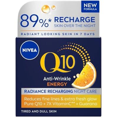 NIVEA Q10 Energy Recharging Nachtcrème voor dames, energieke nachtcrème voor het gezicht, hydraterende nachtcrème met vitamine C en Q10, 50 ml NIVEA Q10 Energy Recharging Nachtcrème voor dames, energieke nachtcrème voor het gezicht, hydraterende nachtcrème met vitamine C en Q10, 50 ml