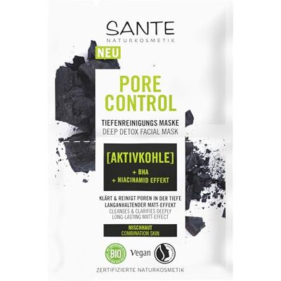 Sante Naturkosmetik Pore Control Dieptereinigingsmasker met matterende actieve kool, BHA-complex en niacinamide, veganistisch masker voor gemengde huid, gezichtsreiniging Sante Naturkosmetik Pore Control Dieptereinigingsmasker met matterende actieve kool, BHA-complex en niacinamide, veganistisch masker voor gemengde huid, gezichtsreiniging