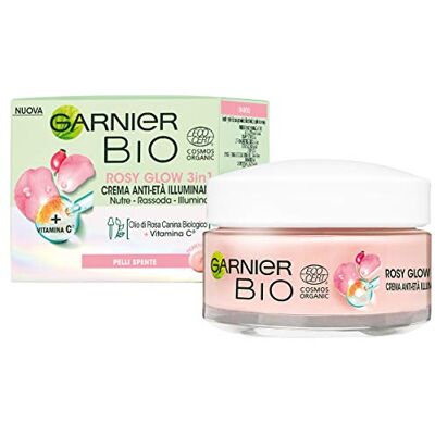 Garnier Bio Rosy Glow, 3-in-1 hydraterende rozencrème, voedende werking, verstevigend en verhelderend, verrijkt met biologische muskusroosolie en vitamine C, veganistische formule, 50 ml Garnier Bio Rosy Glow, 3-in-1 hydraterende rozencrème, voedende werking, verstevigend en verhelderend, verrijkt met biologische muskusroosolie en vitamine C, veganistische formule, 50 ml