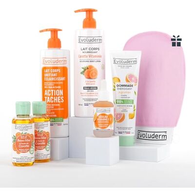 Evoluderm Routine Eclat 6 producten voor gezicht en lichaam, 1 melk + 2 oliën + 1 vitamine C-serum + 1 citrusscrub + 1 ophelderende melk + 2 wattenschijfjes, cadeau-idee, gemaakt in Frankrijk Evoluderm Routine Eclat 6 producten voor gezicht en lichaam, 1 melk + 2 oliën + 1 vitamine C-serum + 1 citrusscrub + 1 ophelderende melk + 2 wattenschijfjes, cadeau-idee, gemaakt in Frankrijk