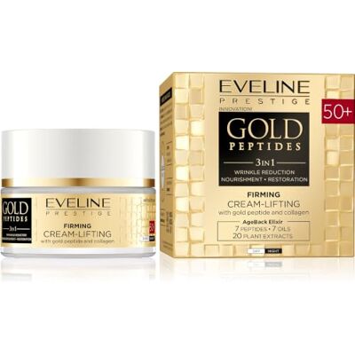 EVELINE COSMETICS Gold Peptides verstevigende crème 50+ met gouden peptiden en tricollageen anti-aging verzorgingsoplossing voor rijpe huid dag- en nachtverzorging 50 ml EVELINE COSMETICS Gold Peptides verstevigende crème 50+ met gouden peptiden en tricollageen anti-aging verzorgingsoplossing voor rijpe huid dag- en nachtverzorging 50 ml
