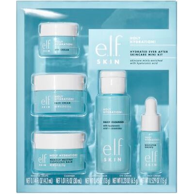 e.l.f. SKIN Hydrated Ever After Skincare Mini Kit, Cleanser, Make-up Remover, Moisturizer en Eye Cream voor het hydrateren van de huid, vliegtuigvriendelijke afmetingen e.l.f. SKIN Hydrated Ever After Skincare Mini Kit, Cleanser, Make-up Remover, Moisturizer en Eye Cream voor het hydrateren van de huid, vliegtuigvriendelijke afmetingen