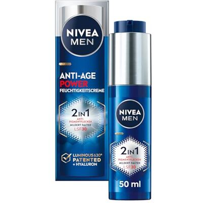 Beiersdorf NIVEA MEN Anti-aging 2-in-1 Power dagverzorging met SPF 30, hyaluronzuur gezichtsverzorging voor mannen met anti-aging effect, huidverzorging met LUMINOUS630 tegen ouderdomsvlekken en Beiersdorf NIVEA MEN Anti-aging 2-in-1 Power dagverzorging met SPF 30, hyaluronzuur gezichtsverzorging voor mannen met anti-aging effect, huidverzorging met LUMINOUS630 tegen ouderdomsvlekken en