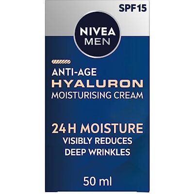NIVEA MEN Hyaluron anti-aging vochtinbrengende crème SPF15 (50 ml), anti-rimpel gezichtscrème met hyaluronzuur en pro-retinol, vermindert zichtbaar diepe rimpels en verstevigt de huid NIVEA MEN Hyaluron anti-aging vochtinbrengende crème SPF15 (50 ml), anti-rimpel gezichtscrème met hyaluronzuur en pro-retinol, vermindert zichtbaar diepe rimpels en verstevigt de huid