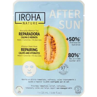IROHA NATURE AFTERSUN gezichtsmasker om de huid te herstellen, te kalmeren en te hydrateren na blootstelling aan de zon. Met meloen, kamille en 9% aloë vera. Vermindert roodheid, verfrist en kalmeert IROHA NATURE AFTERSUN gezichtsmasker om de huid te herstellen, te kalmeren en te hydrateren na blootstelling aan de zon. Met meloen, kamille en 9% aloë vera. Vermindert roodheid, verfrist en kalmeert