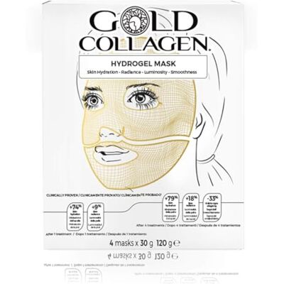 GOLD COLLAGEN Set van 4 hydrogelmaskers voor vochtarme en vermoeide huid met hyaluronzuur tegen rimpels en fijne lijntjes, verkoelend effect, gemaakt in Zuid-Korea GOLD COLLAGEN Set van 4 hydrogelmaskers voor vochtarme en vermoeide huid met hyaluronzuur tegen rimpels en fijne lijntjes, verkoelend effect, gemaakt in Zuid-Korea
