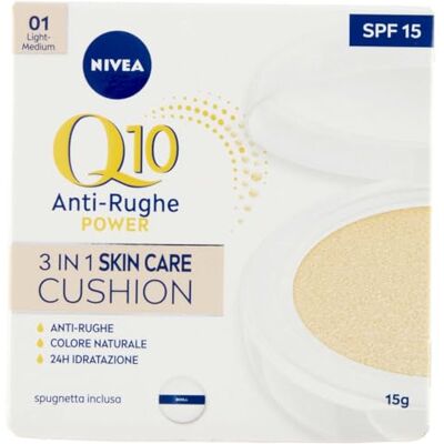 NIVEA Q10 Plus Anti-Age 3-in-1 Skin Care Cushion 15 ml, kleurrijke gezichtscrème, hydraterende en anti-aging gezichtscrème, anti-rimpel gezichtscrème en BB-crème FP15, Co-enzym verrijkte Cushion Foundation Q10, 01 Light-Medium NIVEA Q10 Plus Anti-Age 3-in-1 Skin Care Cushion 15 ml, kleurrijke gezichtscrème, hydraterende en anti-aging gezichtscrème, anti-rimpel gezichtscrème en BB-crème FP15, Co-enzym verrijkte Cushion Foundation Q10, 01 Light-Medium