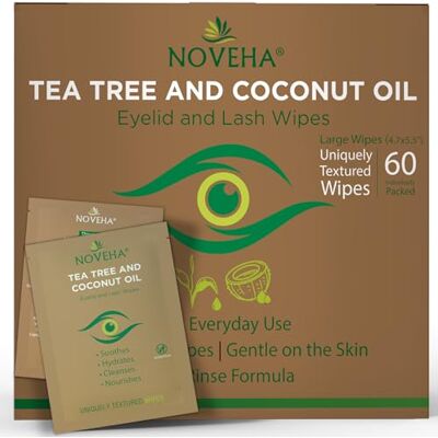 NOVEHA Doos met 60 oogleden en wimperdoekjes met tea tree olie en kokosolie Voor demodex, blefaritis en jeukende ogen, doos met 60 verpakte wimperdoekjes NOVEHA Doos met 60 oogleden en wimperdoekjes met tea tree olie en kokosolie Voor demodex, blefaritis en jeukende ogen, doos met 60 verpakte wimperdoekjes