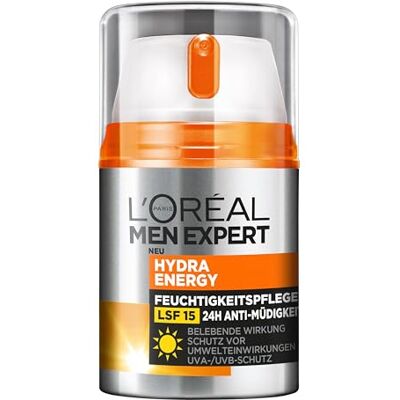 L'Oreal Paris Men Expert L'Oréal Men Expert Gezichtsverzorging met LSF 15, vochtinbrengende crème met zonwering, guarana en vitamine C, Hydra Energy 24 uur vochtinbrengende verzorging, anti-vermoeidheid, 1 x 50 ml L'Oreal Paris Men Expert L'Oréal Men Expert Gezichtsverzorging met LSF 15, vochtinbrengende crème met zonwering, guarana en vitamine C, Hydra Energy 24 uur vochtinbrengende verzorging, anti-vermoeidheid, 1 x 50 ml