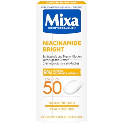 Mixa Beschermende en anti-pigmentvlekkencrème SPF 50, anti-pigmentvlekkencrème, voor de droge huid, Niacinamide Bright, hypoallergeen, 50 ml Mixa Beschermende en anti-pigmentvlekkencrème SPF 50, anti-pigmentvlekkencrème, voor de droge huid, Niacinamide Bright, hypoallergeen, 50 ml