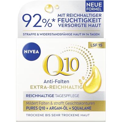 NIVEA Q10 Gezichtscrème met SPF 15, verstevigende gezichtsverzorging met Q10, biologische arganolie en squalaan, dagcrème voor zeer droge huid, Q10 anti-rimpel extra rijk (50 ml) NIVEA Q10 Gezichtscrème met SPF 15, verstevigende gezichtsverzorging met Q10, biologische arganolie en squalaan, dagcrème voor zeer droge huid, Q10 anti-rimpel extra rijk (50 ml)