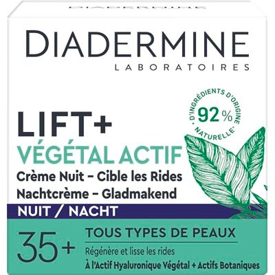Diadermine Lift+ Plantaardige Actieve Nachtgezichtscrème Anti-rimpelverzorging Plantaardig hyaluronzuur en botanische werkzame stoffen Regenereert en maakt rimpels intensief glad 50 ml pot Diadermine Lift+ Plantaardige Actieve Nachtgezichtscrème Anti-rimpelverzorging Plantaardig hyaluronzuur en botanische werkzame stoffen Regenereert en maakt rimpels intensief glad 50 ml pot