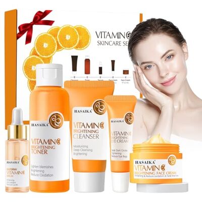 HASAIKA Vitamine C huidverzorgingsset, hydraterende verstevigende huidverzorgingscrème met reinigingsmiddel, toner, gezichtscrème, serum voor vrouwen voor een stralende en stralende huid HASAIKA Vitamine C huidverzorgingsset, hydraterende verstevigende huidverzorgingscrème met reinigingsmiddel, toner, gezichtscrème, serum voor vrouwen voor een stralende en stralende huid