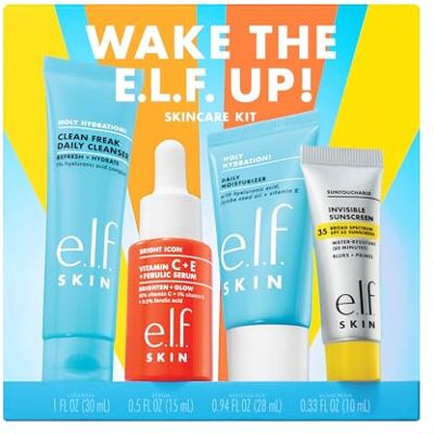 e.l.f. Skin Wake the Up gezichtsverzorgingsset, vochtinbrengende gezichtsreiniger in reisformaat, zonnebrandcrème, hydraterende verzorging en verlichtingsserum, veganistisch en dierproefvrij e.l.f. Skin Wake the Up gezichtsverzorgingsset, vochtinbrengende gezichtsreiniger in reisformaat, zonnebrandcrème, hydraterende verzorging en verlichtingsserum, veganistisch en dierproefvrij