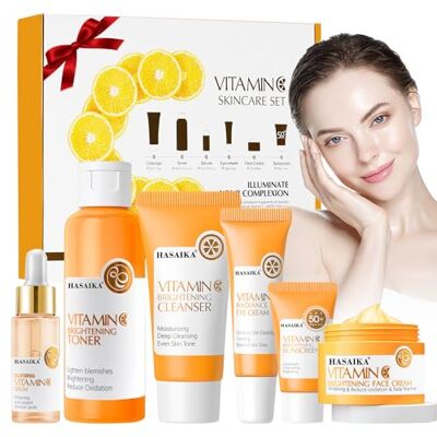 HASAIKA Vitamine C huidverzorgingsset, hydraterende verstevigende crème, reiniger, toner en gezichtscrème, voor een stralende en stralende huid, 6 HASAIKA Vitamine C huidverzorgingsset, hydraterende verstevigende crème, reiniger, toner en gezichtscrème, voor een stralende en stralende huid, 6