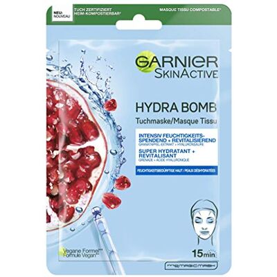 Garnier Hydra Bomb Stofmasker voor vochtgevoelige huid, revitaliserend en hydraterend, met hyaluronzuur en granaatappelextract, 28 g Garnier Hydra Bomb Stofmasker voor vochtgevoelige huid, revitaliserend en hydraterend, met hyaluronzuur en granaatappelextract, 28 g