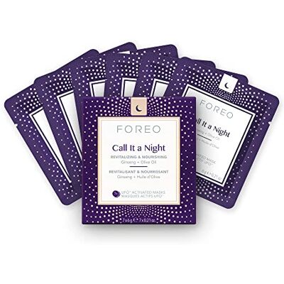 FOREO Call it a Night UFO geactiveerd gezichtsmasker voor droogheid en rimpels, verpakking van 7 stuks, revitaliserend en verzorgend, ginseng en olijfolie, schone formule, dierproefvrij en compatibel met alle UFO-apparaten FOREO Call it a Night UFO geactiveerd gezichtsmasker voor droogheid en rimpels, verpakking van 7 stuks, revitaliserend en verzorgend, ginseng en olijfolie, schone formule, dierproefvrij en compatibel met alle UFO-apparaten