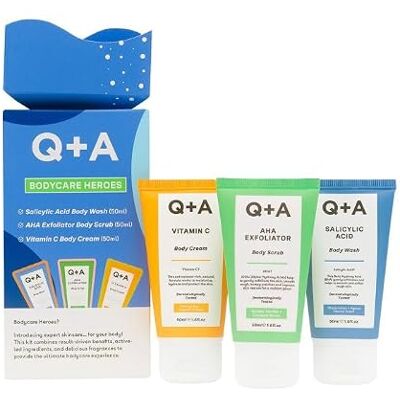 Q+A Bodycare Heroes Giftset 3-staps huidverzorgingsroutine: Salicylzuur Body Wash, AHA Exfoliator Scrub & Vitamine C Body Cream, Reisformaat van 50 ml elk, Exfolieert, Verzacht & Straalt Q+A Bodycare Heroes Giftset 3-staps huidverzorgingsroutine: Salicylzuur Body Wash, AHA Exfoliator Scrub & Vitamine C Body Cream, Reisformaat van 50 ml elk, Exfolieert, Verzacht & Straalt
