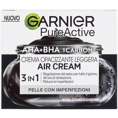 Garnier 3-in-1 crème voor vette en onvolkomenheden, hydratatie en talgcontrole, verrijkt met AHA, BHA en kolen, Pure Active Air Cream, 50 ml Garnier 3-in-1 crème voor vette en onvolkomenheden, hydratatie en talgcontrole, verrijkt met AHA, BHA en kolen, Pure Active Air Cream, 50 ml