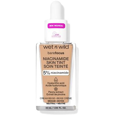 wet 'n wild Wet n Wild Bare Focus Niacinamide Skin Tint, vochtinbrengende crème getint met hyaluronzuur, foundation, licht serum glow, olievrije make-up, crème, beige wet 'n wild Wet n Wild Bare Focus Niacinamide Skin Tint, vochtinbrengende crème getint met hyaluronzuur, foundation, licht serum glow, olievrije make-up, crème, beige