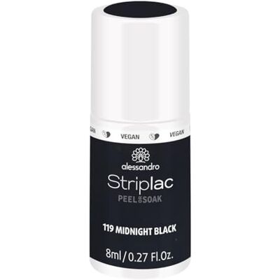 alessandro Striplac Peel or Soak Vegan Midnight Black diepzwarte led-nagellak voor perfecte nagels in 15 minuten, 8 ml alessandro Striplac Peel or Soak Vegan Midnight Black diepzwarte led-nagellak voor perfecte nagels in 15 minuten, 8 ml