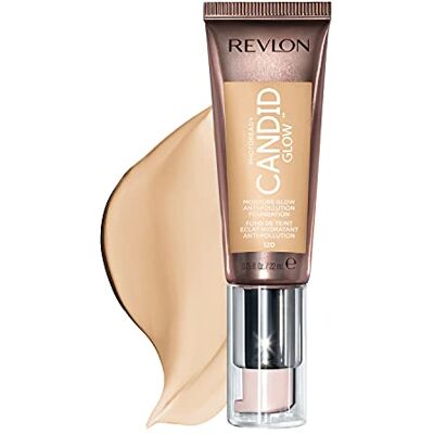 REVLON Photoready Candid Glow, vloeibare foundation, voor de gevoelige en droge huid, lichtgevende en hydraterende afwerking, modulair, transparant, medium, anti-vervuiling, N120 Buff, 22 ml REVLON Photoready Candid Glow, vloeibare foundation, voor de gevoelige en droge huid, lichtgevende en hydraterende afwerking, modulair, transparant, medium, anti-vervuiling, N120 Buff, 22 ml