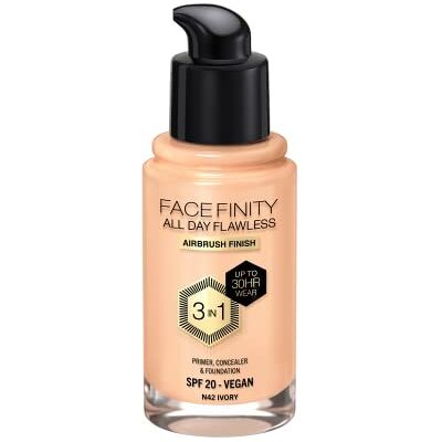 Max Factor Facefinity All Day Flawless Make-up, 3-in-1: concealer, make-up en primer, N42, ivoor, 30 ml Max Factor Facefinity All Day Flawless Make-up, 3-in-1: concealer, make-up en primer, N42, ivoor, 30 ml