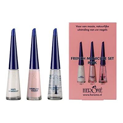Herome French Manicure Set Pink Complete Set in 3 stappen een French Manicure Met een Pink kleurlak, een Witte Nagellak voor de Nagelranden en een Top Coat 3x10ml. Herome French Manicure Set Pink Complete Set in 3 stappen een French Manicure Met een Pink kleurlak, een Witte Nagellak voor de Nagelranden en een Top Coat 3x10ml.