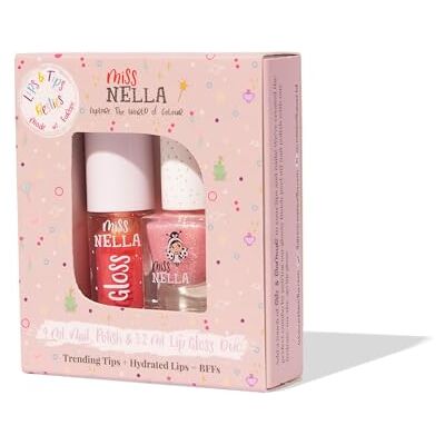 MISS NELLA Pink Secret Lips & Tips Duo Geurende lipgloss + glitternagellak voor kinderen met afpelbare formule, op waterbasis en geurloos MISS NELLA Pink Secret Lips & Tips Duo Geurende lipgloss + glitternagellak voor kinderen met afpelbare formule, op waterbasis en geurloos