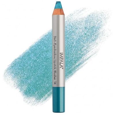 Impala 3-in-1 jumbo potlood, kleur 14 turquoise, oogschaduw, lippenstift en rouge, gladde en langdurige textuur, intensieve kleuren Impala 3-in-1 jumbo potlood, kleur 14 turquoise, oogschaduw, lippenstift en rouge, gladde en langdurige textuur, intensieve kleuren