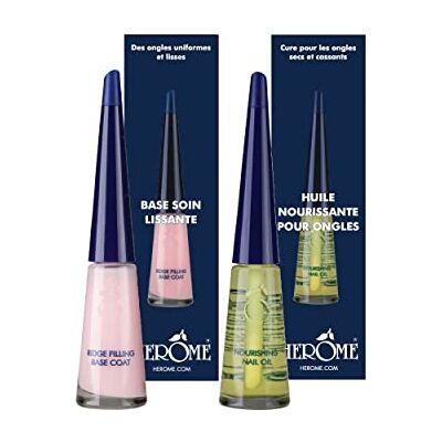 Herome Combi-pack voedende olie voor nagels en gladmakende basis voor nagels (Nourishing Nail Oil & Ridge Filling Base Coat) – 2 x 10 ml. Herome Combi-pack voedende olie voor nagels en gladmakende basis voor nagels (Nourishing Nail Oil & Ridge Filling Base Coat) – 2 x 10 ml.