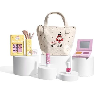 MISS NELLA Make-upset en nagellak voor kinderen voor kleine meisjes, hypoallergeen, dermatologisch getest, niet giftig, make-uptas van canvas, veilig en leuk (Happy MISS NELLA Make-upset en nagellak voor kinderen voor kleine meisjes, hypoallergeen, dermatologisch getest, niet giftig, make-uptas van canvas, veilig en leuk (Happy