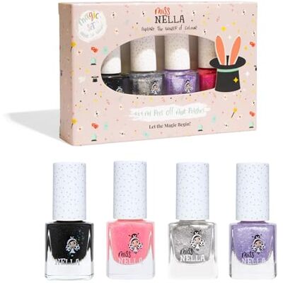 MISS NELLA magische collectie: SET van 4 glans nagellak peel off, geurloos, geen water en behalve voor kinderen roze, rood, goud en blauw MISS NELLA magische collectie: SET van 4 glans nagellak peel off, geurloos, geen water en behalve voor kinderen roze, rood, goud en blauw
