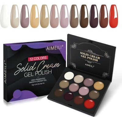 AIMEILI Gelnagellak, crèmekleurig, 12 kleuren, palet van solide gel, semi-permanent, UV, LED, met nagelkwast, voor nail art, manicure, doe-het-zelf, set 17 AIMEILI Gelnagellak, crèmekleurig, 12 kleuren, palet van solide gel, semi-permanent, UV, LED, met nagelkwast, voor nail art, manicure, doe-het-zelf, set 17