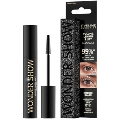EVELINE COSMETICS Wonder Show Mascara wimperverlenging, extreme wimperverlenging, volume en eland, veganistische formule met zonnebloemolie en carnaubawas, 7 ml EVELINE COSMETICS Wonder Show Mascara wimperverlenging, extreme wimperverlenging, volume en eland, veganistische formule met zonnebloemolie en carnaubawas, 7 ml