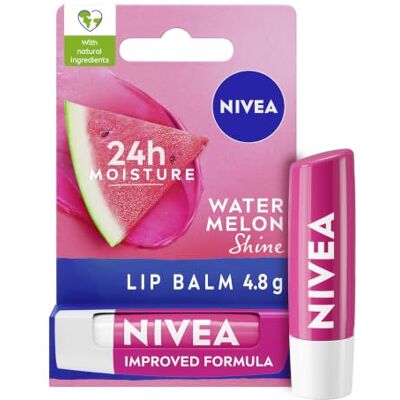 NIVEA Watermelon Shine lippenbalsem (4,8 g), lippenbalsem met sheaboter, natuurlijke oliën en vitaminen, biedt 24 uur vocht en roze glans, veganistische formule van NIVEA Watermelon Shine lippenbalsem (4,8 g), lippenbalsem met sheaboter, natuurlijke oliën en vitaminen, biedt 24 uur vocht en roze glans, veganistische formule van