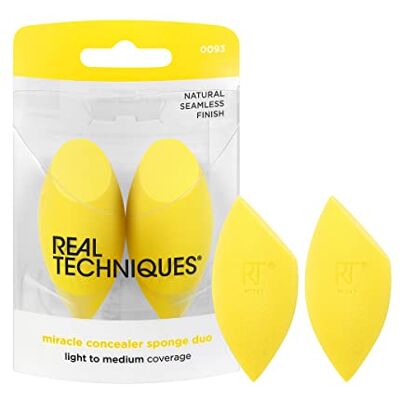 REAL TECHNIQUES Miracle 2 stuks concealer sponzen, make-up spons voor concealer, langwerpige vorm en nauwkeurig gebruik, gele spons, latexvrij schuim REAL TECHNIQUES Miracle 2 stuks concealer sponzen, make-up spons voor concealer, langwerpige vorm en nauwkeurig gebruik, gele spons, latexvrij schuim