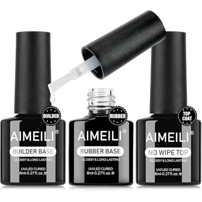 AIMEILI Gel-nagellak, 3 stuks, No Wipe Top Coat, ultra glanzend, Builder Base Gel voor nagelverlenging, 4-in-1 rubberen basis, versterking en reparatie van manicure, decoratielijm AIMEILI Gel-nagellak, 3 stuks, No Wipe Top Coat, ultra glanzend, Builder Base Gel voor nagelverlenging, 4-in-1 rubberen basis, versterking en reparatie van manicure, decoratielijm