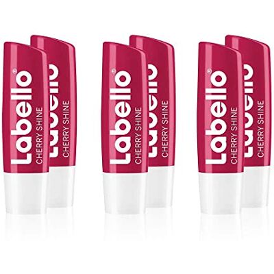 Labello Cherry Shine lippenbalsem (6 x 4,8 g) met zachte rode glans en glinsterende pigmenten en kersenaroma, lippenverzorging zonder minerale oliën Labello Cherry Shine lippenbalsem (6 x 4,8 g) met zachte rode glans en glinsterende pigmenten en kersenaroma, lippenverzorging zonder minerale oliën
