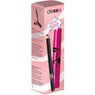 Debby , Lot de mascara extra volume 100% et brillance noir et crayon pour les yeux noir, regard intense, longue tenue sans bavures Debby , Lot de mascara extra volume 100% et brillance noir et crayon pour les yeux noir, regard intense, longue tenue sans bavures