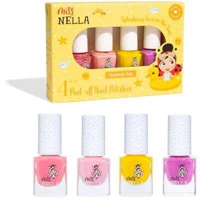 MISS NELLA Zomercollectie set van 4 glanzende peel off nagellak, geurloos, zonder water en behalve voor kinderen, roze, paars, perzik en geel MISS NELLA Zomercollectie set van 4 glanzende peel off nagellak, geurloos, zonder water en behalve voor kinderen, roze, paars, perzik en geel